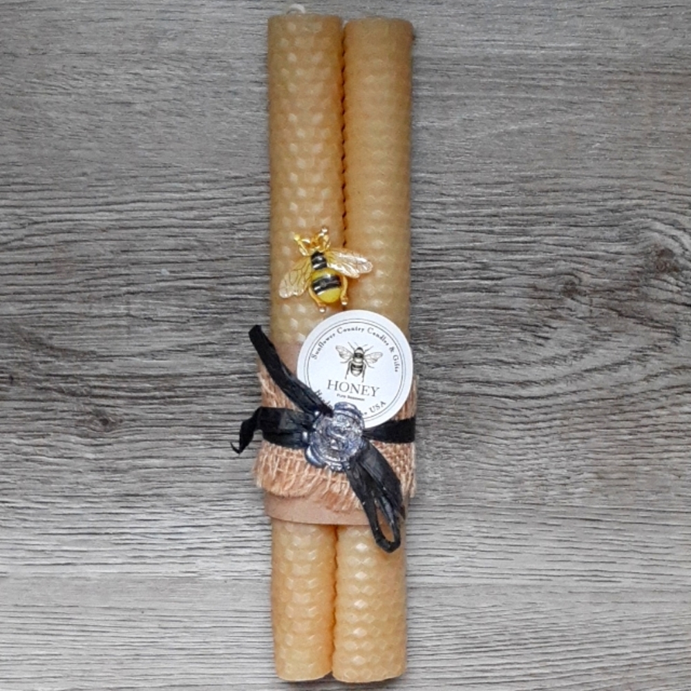 Pair Handrolled Honeycomb Beeswax  Taper Candles w/🐝 Candle Pin